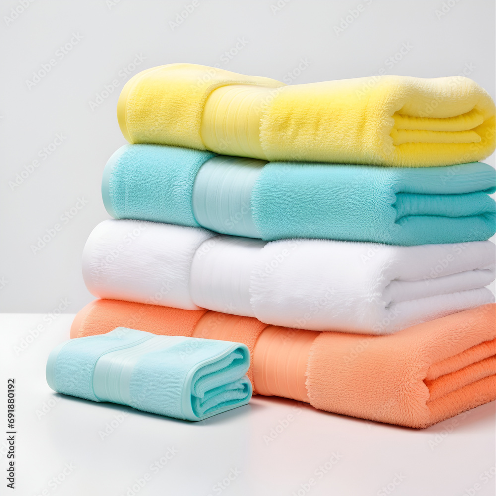 a stack of clean terry towels on a white background Laundry and cleaning