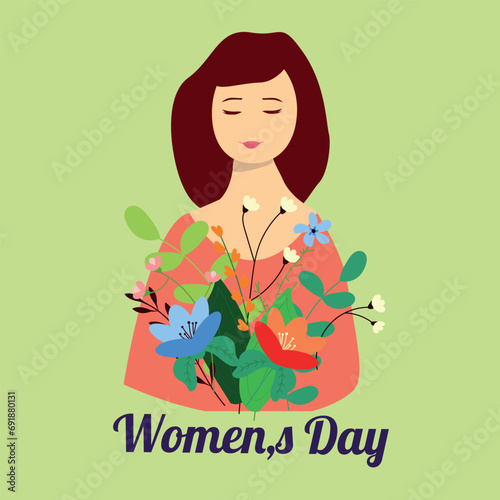 Women's Day girl with flowers vector illustration