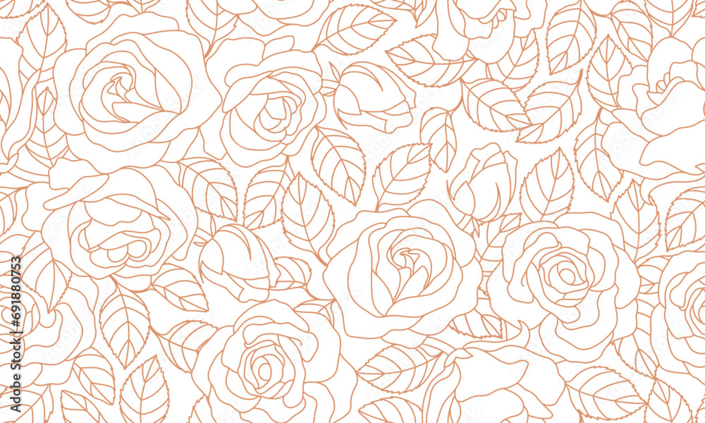 Rose outline seamless pattern. Spring floral vector illustration for fashion, textile, fabric, decoration.