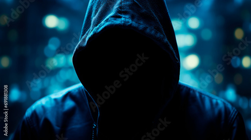 Abstract image of unrecognizable hacker cyber criminal in hood.