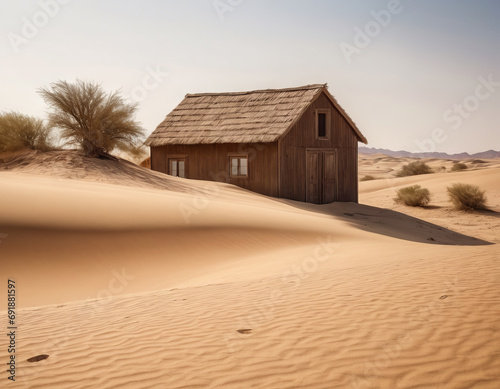 Sand dunes encroaching on rural building as a result of climate change.