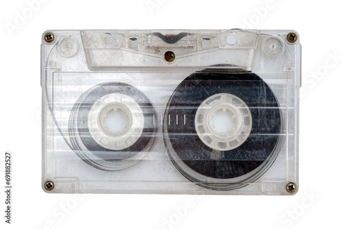 Dirty 90s plastic retro audio cassette isolated on white background