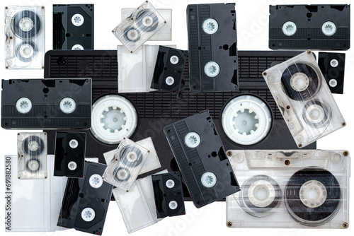 Audio and video tapes isolated on white, 90s tapes background