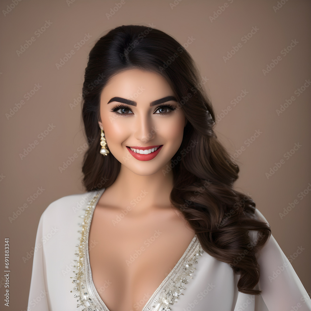 Portrait of a beautiful woman in a white dress with a plunging neckline Portrait of a beautiful woman in a white dress with a plunging neckline