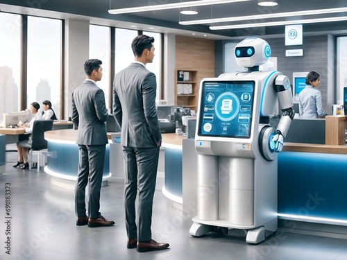 a friendly robot as a bank counter service photo