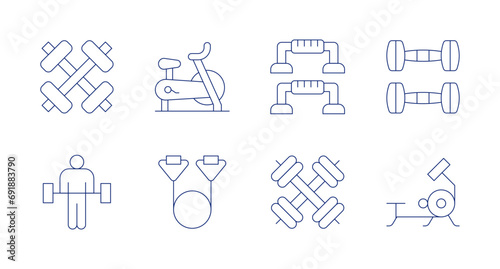 Gym icons. Editable stroke. Containing dumbbell, push up bar, rowing machine, gym, stationary bike, resistance band, weightlifting, barbell.