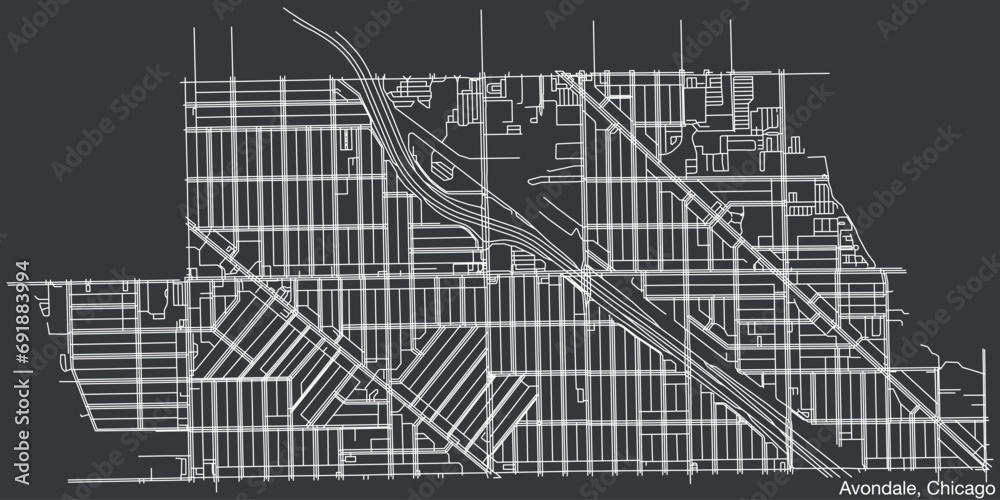 Detailed hand-drawn navigational urban street roads map of the AVONDALE COMMUNITY AREA of the American city of CHICAGO, ILLINOIS with vivid road lines and name tag on solid background