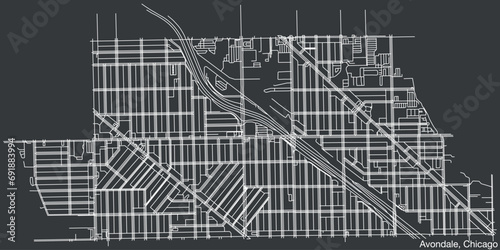 Detailed hand-drawn navigational urban street roads map of the AVONDALE COMMUNITY AREA of the American city of CHICAGO, ILLINOIS with vivid road lines and name tag on solid background photo