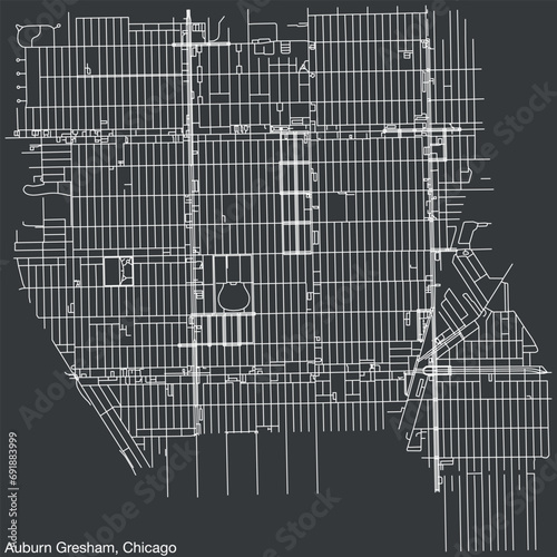 Detailed hand-drawn navigational urban street roads map of the AUBURN GRESHAM COMMUNITY AREA of the American city of CHICAGO, ILLINOIS with vivid road lines and name tag on solid background