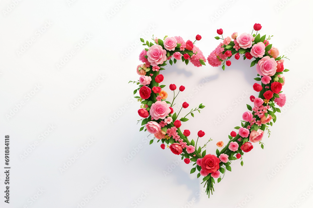 White heart shaped frame decorated with pink and red flowers on white background.