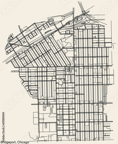 Detailed hand-drawn navigational urban street roads map of the BRIDGEPORT COMMUNITY AREA of the American city of CHICAGO, ILLINOIS with vivid road lines and name tag on solid background