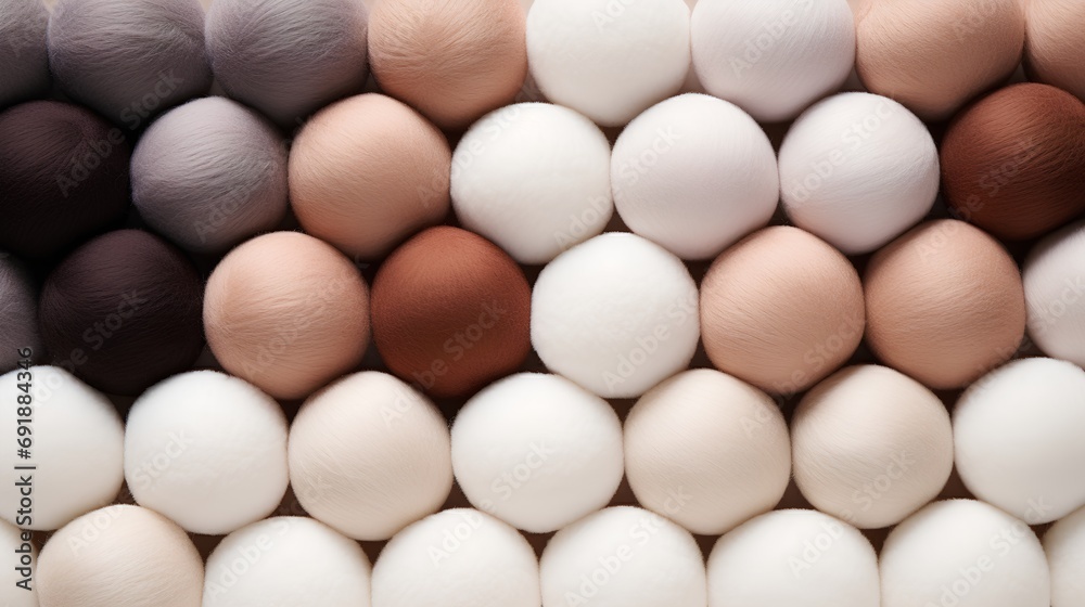 Collection of soft, fluffy cotton balls arranged in a pleasing natural beige color palette, creating a serene and aesthetic background perfect for minimalist designs.