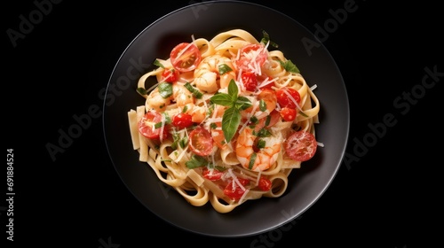 Fettuccine pasta with shrimp, tomatoes and herbs.