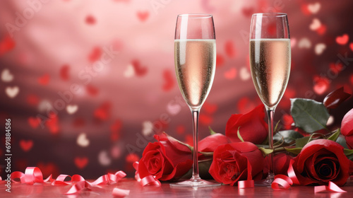 Two champagne glasses and red roses on red hearts background, valentine's day