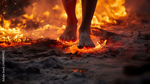 bare feet walking on burning hot coals photo