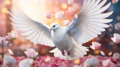 Flying white dove with pink petals. © tashechka