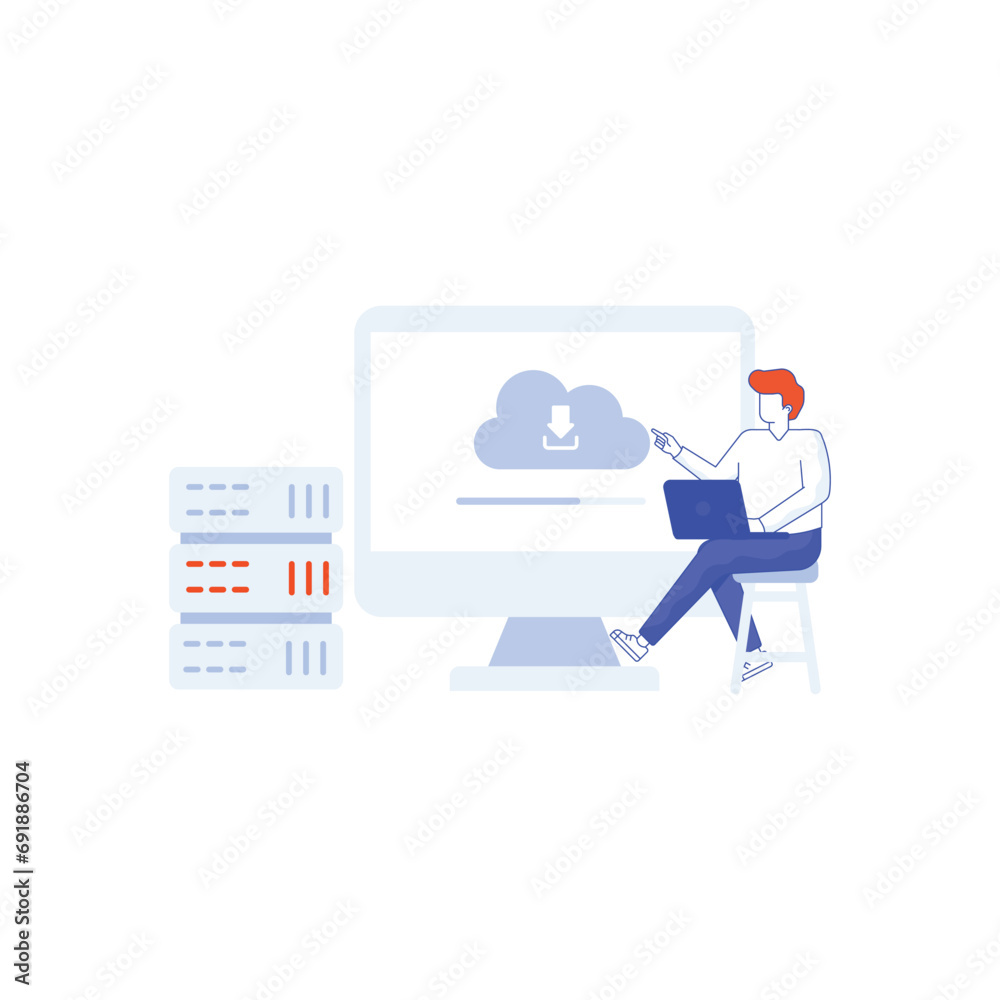 Cloud server technology. Scene for cloud computing technology, online digital information storage. Data center with server racks, cloud, file folder, document connected with laptop & desktop.
