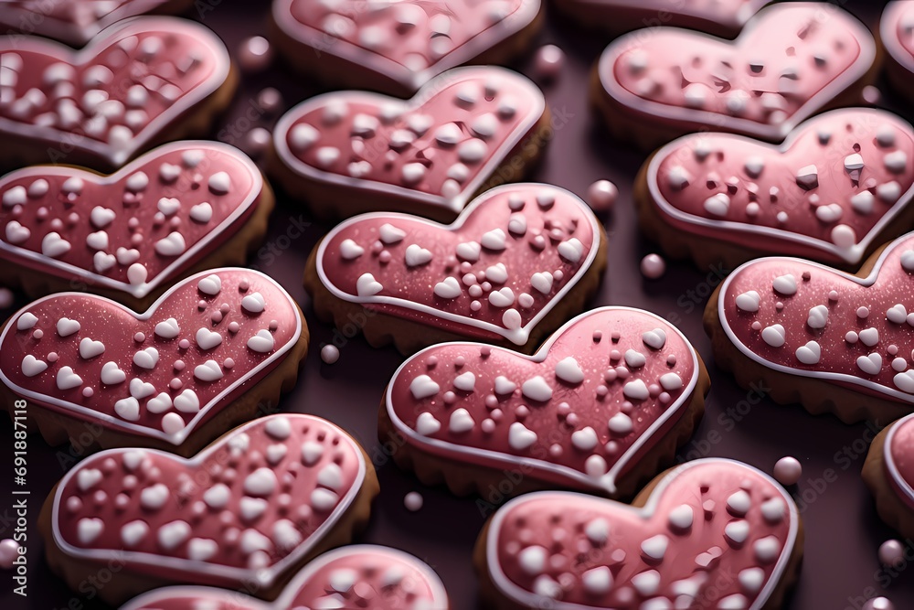 Beautiful Valentine's Day cookies with decorated hearts.