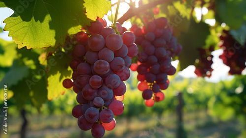 Closeup of fresh, ripe red grapes on the vine in a sunlit vineyard.