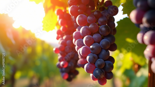 Closeup of fresh, ripe red grapes on the vine in a sunlit vineyard.
