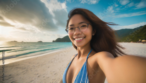 Young Asian Woman Radiates Joy on a Blissful Summer Beach Vacation