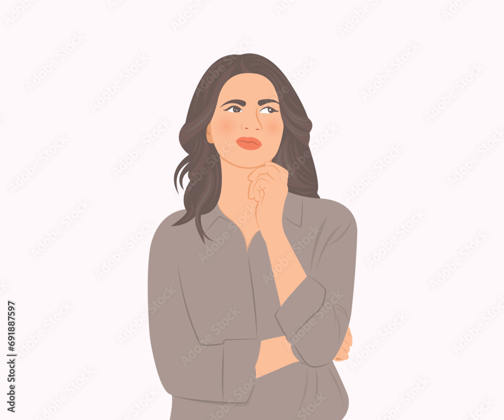 Contemplative woman holding her chin with her hand to show a thought or trouble. Vector illustration. Contemplative woman holding her chin with her hand to show a thought or trouble. Vector illustration.