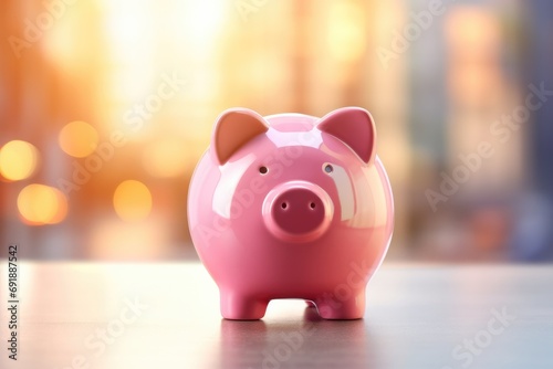 Kids pink piggy bank moneybox with nice sunlight, savings for future. Generative Ai.