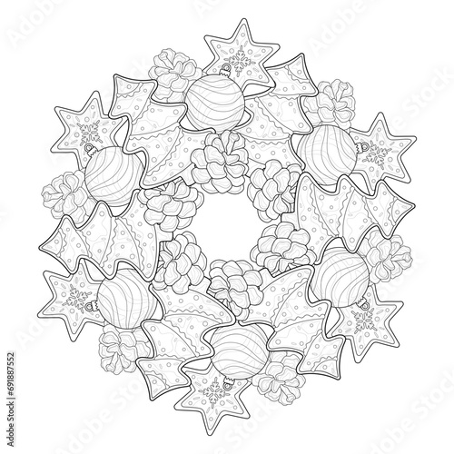 Christmas mandala from different cookies and toys. Fir trees and cones, stars, balls. Winter illustration on a white isoalted background. For coloring ook pages. photo