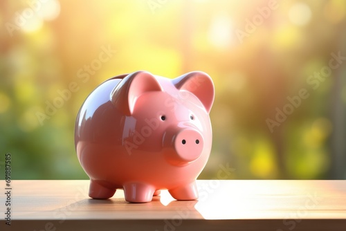 Kids pink piggy bank moneybox with nice sunlight, savings for future. Generative Ai.