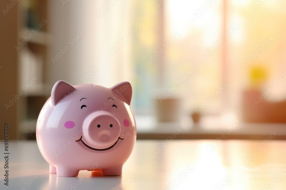 Kids pink piggy bank moneybox with nice sunlight, savings for future. Generative Ai. Kids pink piggy bank moneybox with nice sunlight, savings for future. Generative Ai.