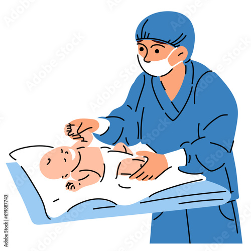 Midwife, doctor with a newborn. Female nurse, doctor or midwife in a blue uniform wearing a medical mask examines a baby. Newborn baby on a changing table in a maternity hospital vector illustration