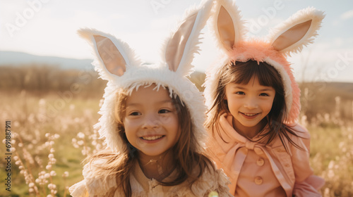 
candid little asian girls in bunny suits portrait. isolated on pink background