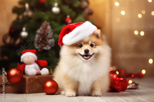 Brown Spitz with Santa's hat sits near the Christmas tree and gifts