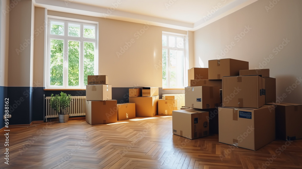 Light room with big windows full of Cardboard boxes for moving to a new apartment. Light room with big windows full of Cardboard boxes for moving to a new apartment.