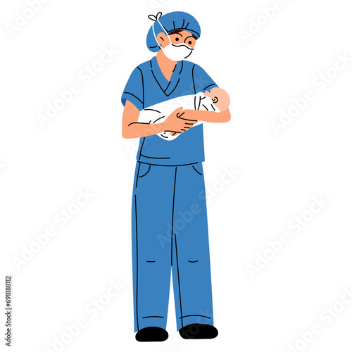 A midwife or a doctor with the concept of a newborn. A woman nurse, doctor or midwife in a medical mask, standing tall, holds a newborn baby in her arms in a maternity hospital vector illustration