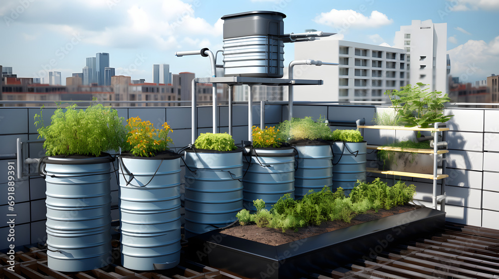 Image showcasing A rooftop rainwater harvesting system in an urban residential area ...