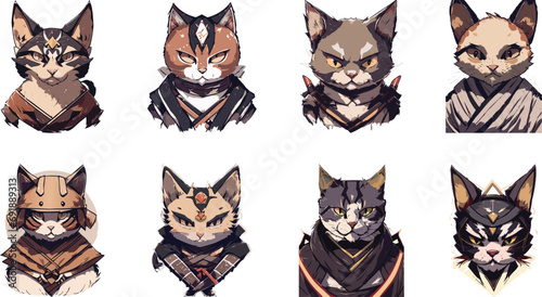 AI generated illustration of anime samurai cats on a white background