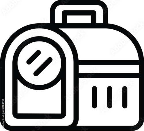 Cat travelling equipment on outline vector. Transportation feline cage. Mobile pet kennel