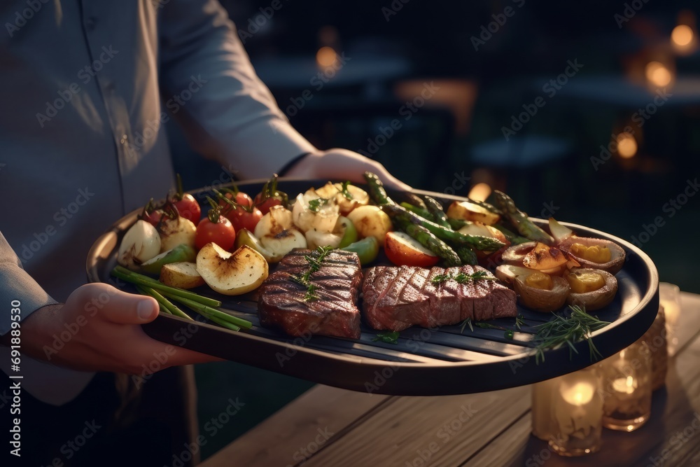 Man holding tray with delicious grilled meat and vegetables on barbecue grill outdoors