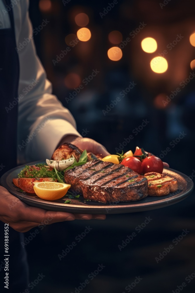 Waiter holding tray with delicious grilled steak and vegetables on blurred background