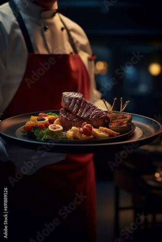Restaurant waiter serving a plate of grilled beef steak with vegetables