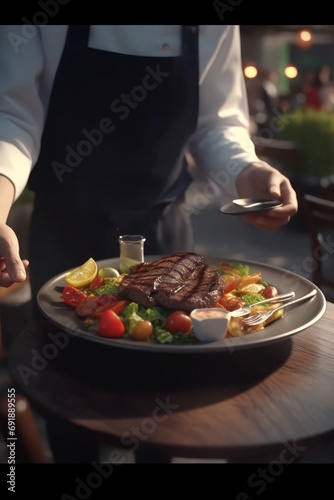 Chef serving delicious steaks on a plate in a restaurant, closeup