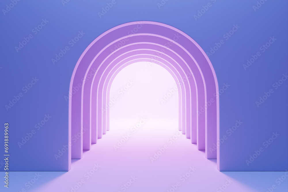 3D rendering. Beautiful geometric arch, gate, portal. Abstract geometric arch. Round hole, entrance to the wall with a purple  screen.