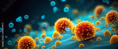 Flying bacteria and viruses of various shapes on dark blurred background
