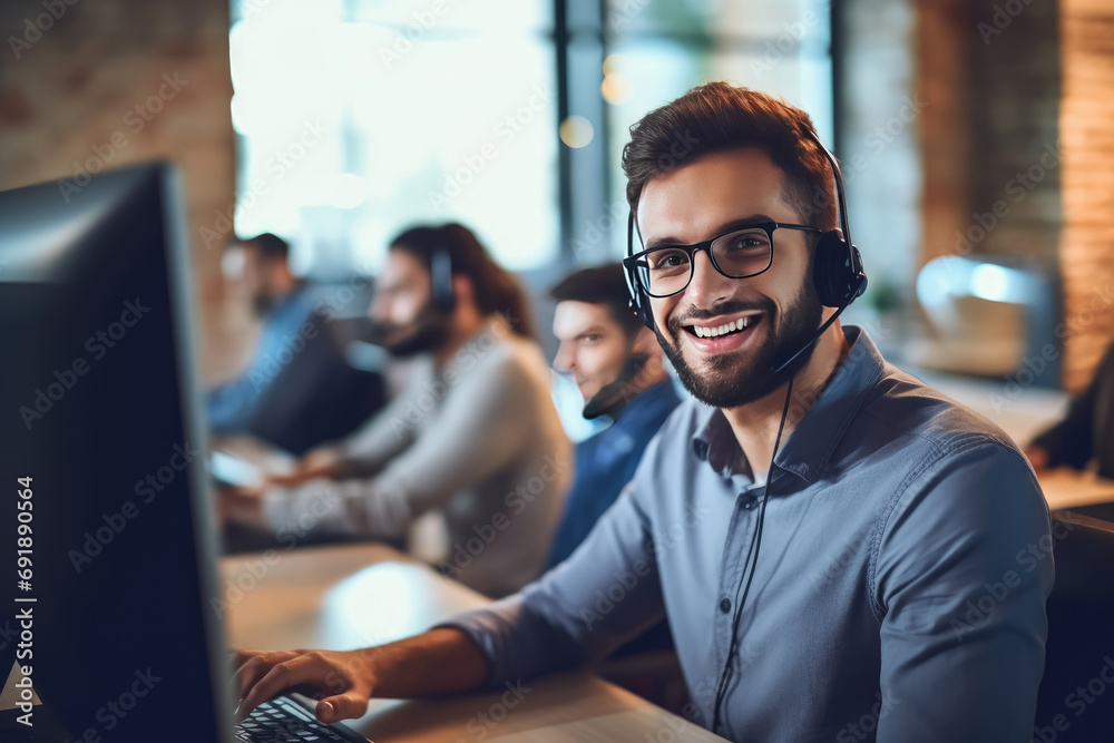 Obraz premium Young woman call center worker with headsets customer services