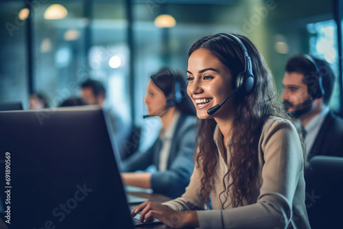 Young woman call center worker with headsets customer services