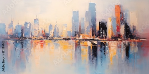 Skyline city view with reflections on water. Original oil painting on canvas, Generative AI