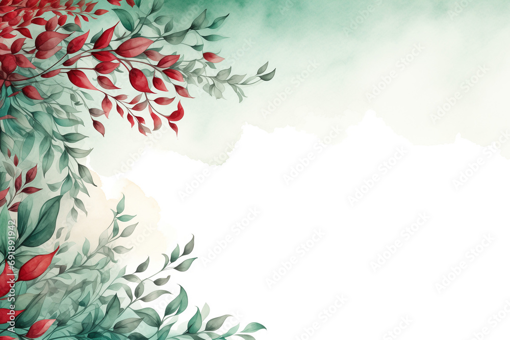  A watercolor winter leaf border, Christmas frame, in the style of festive atmosphere, traditional, shaped canvas - Generative AI