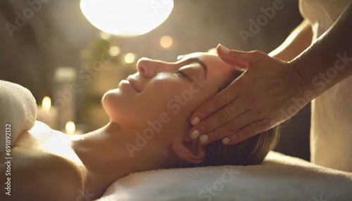 Woman receiving head massage at spa salon