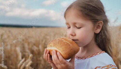 Portrait of girl smelling fresh crispy bread photo